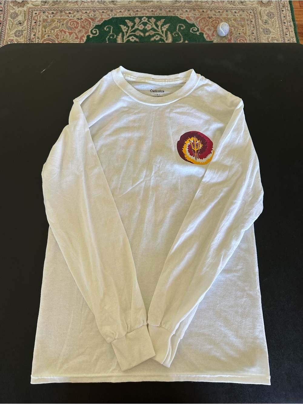 Captivating Arizona State University White Long-Sleeve Graphic Pocket Tee Small